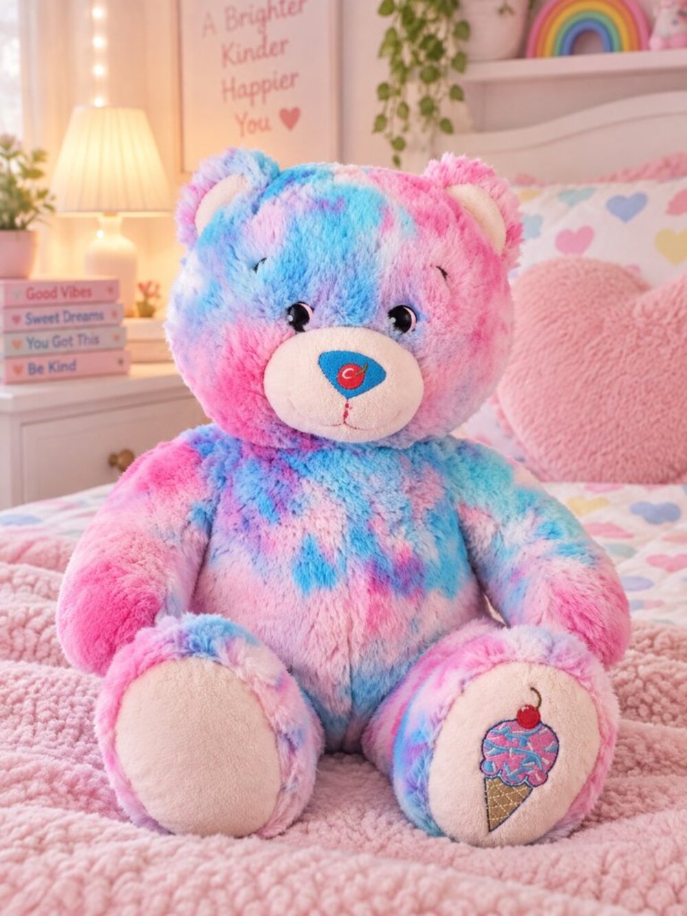 Build-A-Bear Baskin Robbins Bubble Gum Ice Cream Bear Tie Dye Plush 16"